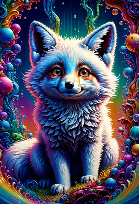 arctic fox, by Lisa Frank, (best quality, masterpiece, Representative work, official art, Professional, Ultra intricate detailed, 8k:1.3)