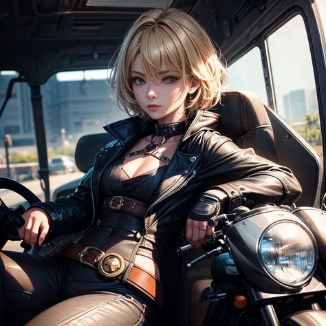 Model
Colorful,SteampunkSchematic ,ember ((solo)) with blonde straight short hair ,  dressed in a black futuristic coat , sits behind the wheel of an unusual motorcycle of the future   ! The wheels of the motorcycle are visible , Front light ,,((tmasterpie...