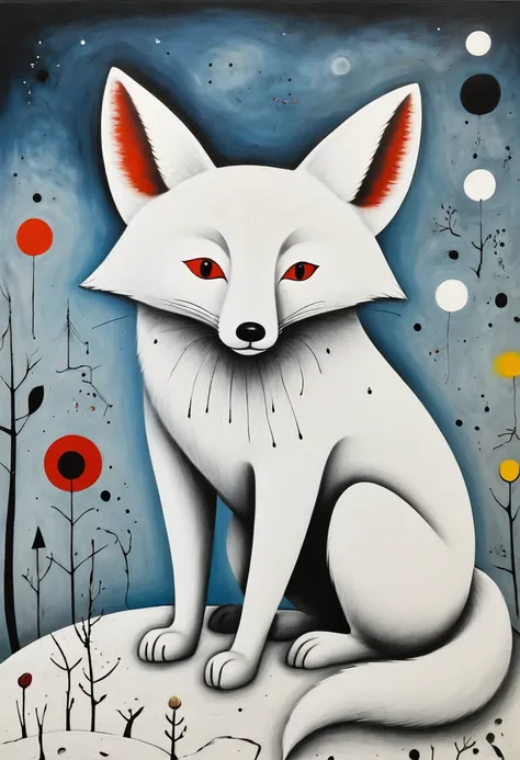 white fox by Joan Miro, arctic, best quality, masterpiece, Representative work, official art, Professional, Ultra intricate detailed, 8k