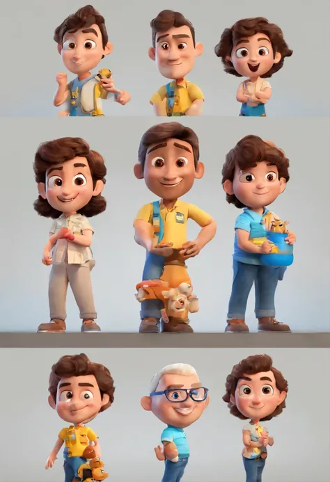 Estilo Pixar: fami, Um pai branco cabelos castanhos uma fila  de 3 ano cabelo cacheado um filho jovem de 7 anos e a mae mulher branca cabelos castanhos