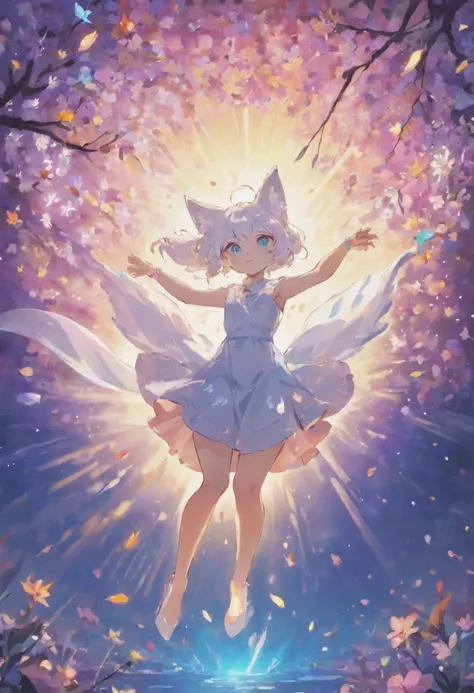 white spirit fox jumping in air, dreamy space  in full of flowers background , god of the forest, ultra realistic, ((intricate)), ((highly detailed)), ((professionally color graded)), 8k, Swarovski ,hot atmosphere 