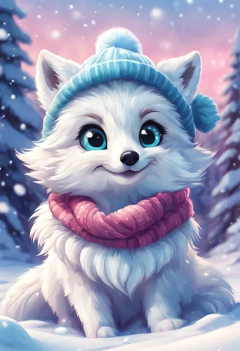 A cartoon of a cute arctic fox with big eyes wearing a fluffy winter hat and scarf. It is playing in the snow, making a snow angel. Flat vector illustration with bright solid colors and smooth gradients. In the artistic style of Disney animation, aesthetic