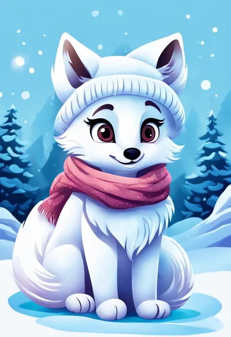 A cartoon of a cute arctic fox with big eyes wearing a fluffy winter hat and scarf. It is playing in the snow, making a snow angel. Flat vector illustration with bright solid colors and smooth gradients. In the artistic style of Disney animation, aesthetic