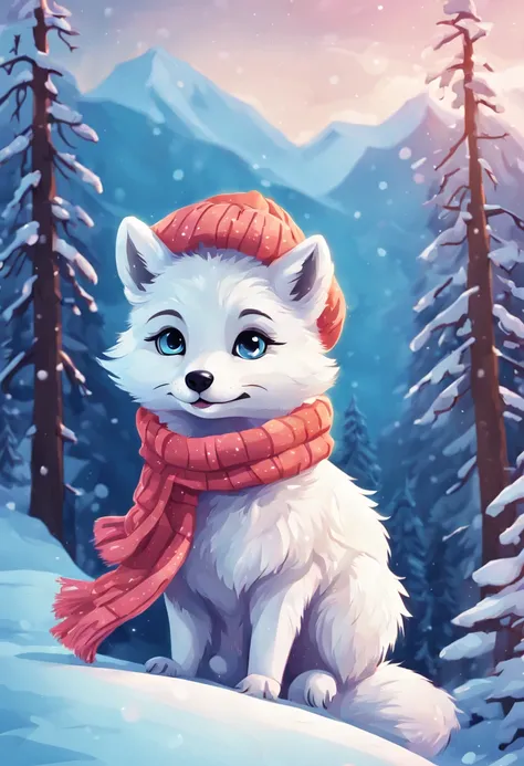 A cartoon of a cute arctic fox with big eyes wearing a fluffy winter hat and scarf. It is playing in the snow, making a snow angel. Flat vector illustration with bright solid colors and smooth gradients. In the artistic style of Disney animation, aesthetic