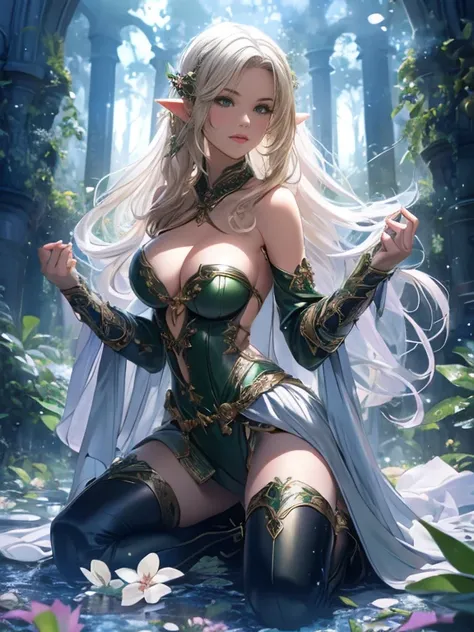 1girl, elven, blonde hair, green eyes, big breast, beautiful, detailed, leather clothing with green laces, white thigh-high greaves, seductive pose, in a forest, magic flora, detailed face and eyes, volumetric light, on all fours, laying on the floor, cute...