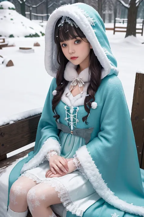 ((Works of masters)), (hyper detailed), 1girl, Turquoise pupils, Clear face, Sitting, Lolita costume, Cloak (Snow, Outdoor activities in winter:1.2),