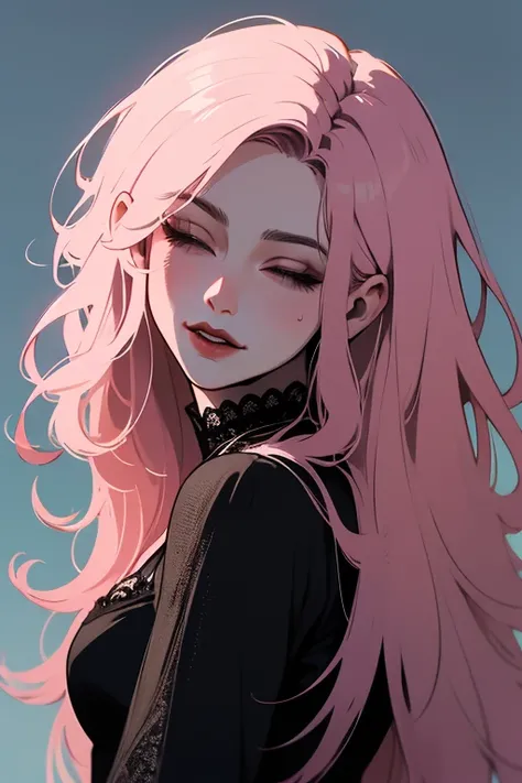 a beautiful woman in a dark dress with pink hair is shown in the digital art, 1girl, solo, closed eyes, long hair, pink hair, hair flowing in breeze, beautiful art, best quality,more_details:-1, more_details:0, more_details:0.5, more_details:1, more_detail...