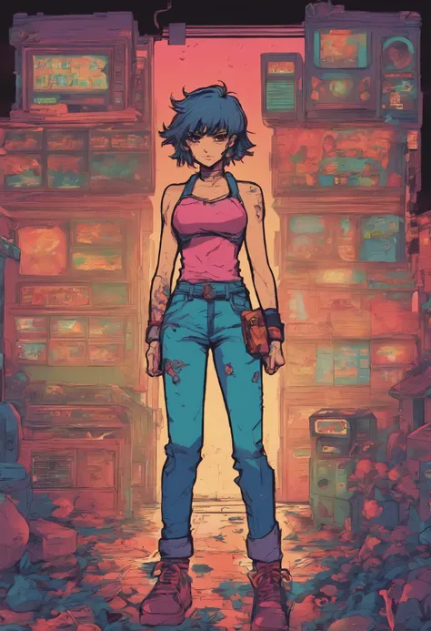 Anime illustration of a young supermodel with a toned physique, In a spicy punk crop top, Low Rise Pants, Messy Short Hair, Demonstration of various intricate tattoos, confidently standing in the middle of an abandoned street in Chiba. . Anime style, Key V...