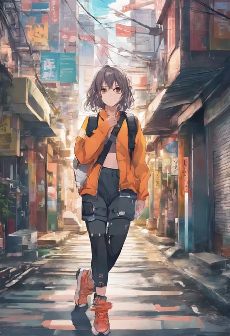 Anime illustration of a young supermodel with a toned physique, In a spicy punk crop top, Low Rise Pants, Messy Short Hair, Demonstration of various intricate tattoos, confidently standing in the middle of an abandoned street in Chiba. . Anime style, Key V...