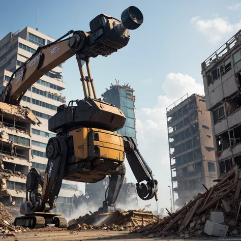 Crab-shaped robot, working at a building demolition site, fiction, 4k