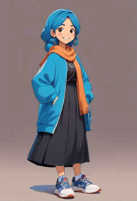 A Muslim Malay woman, wearing a blue long jacket, black long skirt, sneakers shoes, smiling, saying the words "Hi", caricature 3d