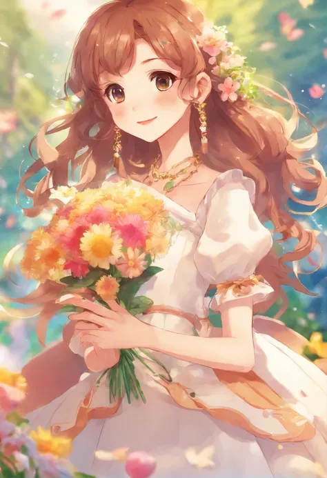 A teenage Makoto Shinkai manga girl，She holds flowers in her right hand，She is wearing a white fashion dress，gold earring chain，happy，front view，rim light，soft focus，highest quality，8K，