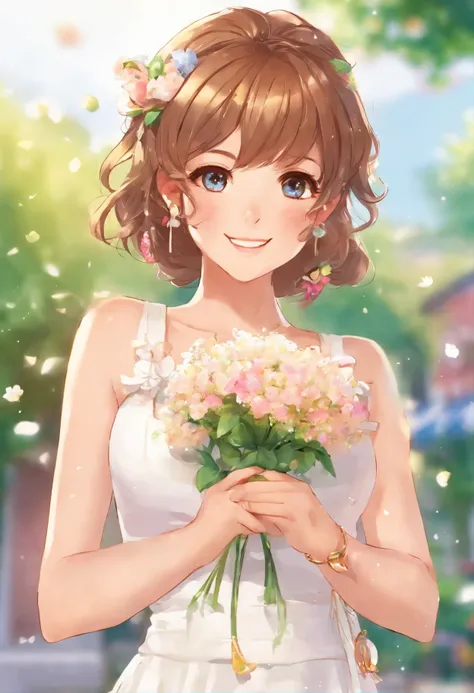 A teenage Makoto Shinkai manga girl，She holds flowers in her right hand，She is wearing a white fashion dress，Finger details，gold earring chain，happy，front view，rim light，soft focus，highest quality，8K，