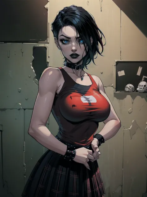 a woman with short black hair, hair on shoulders,  wearing a red t-shirt  and plaid skirt, blue eyes, zombie art, gothic art, cute aesthetic with vibe, toon aesthetic, wearing red costume, wearing gothic accessories, look like Cassie Hack, upper body, horr...