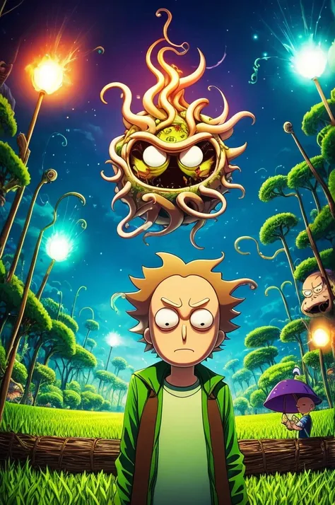 Rick and Morty emerge from an energy portal into a Rice Paddy. Rick, a middle-aged man with messy hair, wears a lab coat and looks bored and drunk. He holds a flask in one hand and takes a shot half-heartedly. Morty, a young boy with messy brown hair, is p...