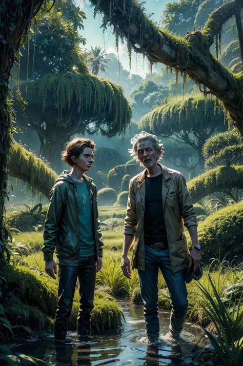 Rick and Morty emerge from an energy portal into a Rice Paddy. Rick, a middle-aged man with messy hair, wears a lab coat and looks bored and drunk. He holds a flask in one hand and takes a shot half-heartedly. Morty, a young boy with messy brown hair, is p...