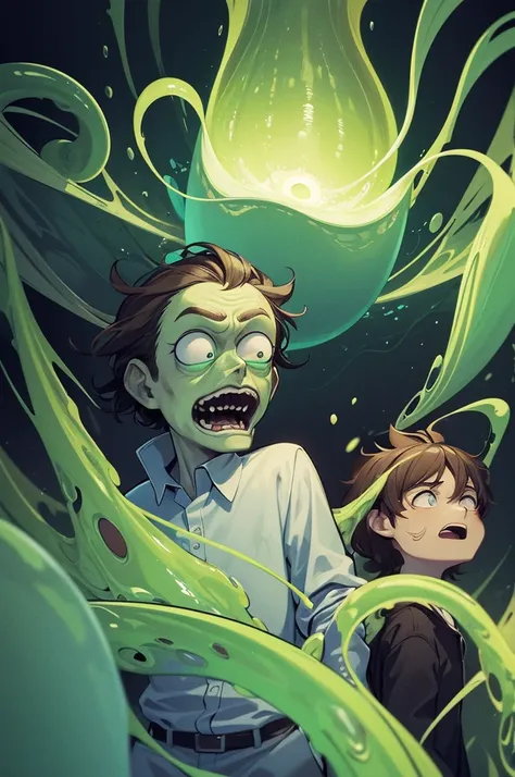 Rick and Morty emerge from an energy portal into a Rice Paddy. Rick, a middle-aged man with messy hair, wears a lab coat and looks bored and drunk. He holds a flask in one hand and takes a shot half-heartedly. Morty, a young boy with messy brown hair, is p...