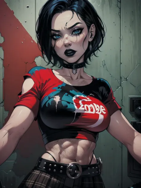 a woman with short black hair, hair on shoulders,  wearing a red t-shirt  and plaid skirt, blue eyes, zombie art, gothic art, cu...