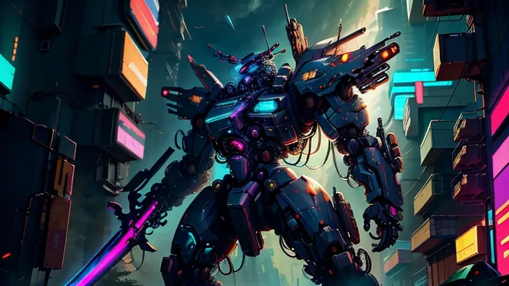 A mecha cyberpunk style galactic cybernetic armor holds a large sword and wears a windbreaker. The appearance is a samurai. Background dusk illustration blue decoration