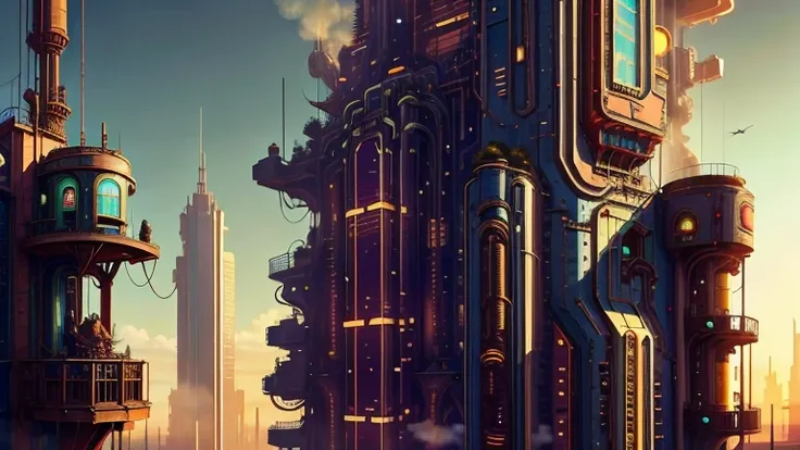 steampunk city，Residents wear steam-powered suits. The appearance of the high-rise building is a steampunk pipe sky in the morning.