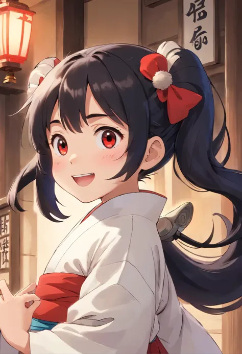 Japan 1 person　girl,5 years old,whole body,smile,male&#39;thick eyebrows,Long black hair with twin tails,white kimono,Red too,black eye,open your mouth wide