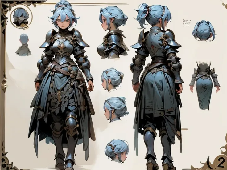 ((character design sheet,same character,front,side,back)),1 girl,cant see the line of the body,plate armor