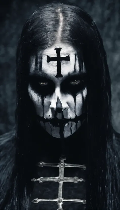 a close up of a woman with a creepy makeup and a cross on her face, black metal face paint, with black metal face paint, corpsepaint, gothic horror vibes, scary look, black metal aesthetics, gothic face, horror symmetrical face, black metal style, with bla...