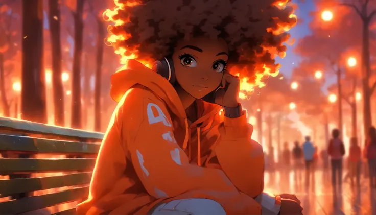 A 15-year-old afro-haired girl wearing an orange hoodie is sitting on a park bench、listening to music with headphones