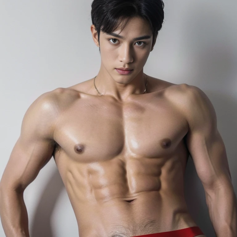 masterpiece, top quality, intricate detail, magazine front page, Korean mens sex magazine, Magazines Title with black color font,  a young handsome boy with string thong,  tall muscle, ((abs)), Kpop idol, looking at camera, beautiful face, white background...