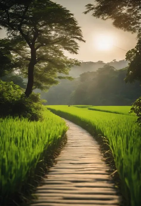 A green rice field，The plump rice swayed with the breeze，The sun shines softly on the rice fields，There is a winding path in the field，flanked by lush trees，The whole picture is full of peaceful rural atmosphere。