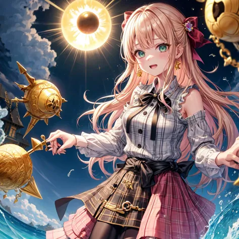 pink blonde、green eyes、one good looking girl、solo、anime、plaid mini skirt、the skirt has buttons、black camisole、black t-shirt、dress、wearing a ribbon、ribbon at waist、cloak、hood、clouds are swirling、stone slabs are piled up、one hand raised、crystal earrings、sun、...