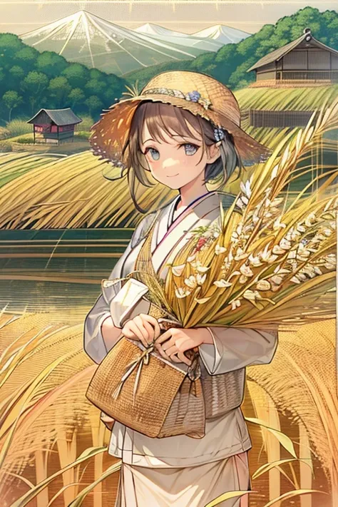 Japanese countryside scenery、A woman is in the rice field、A woman holds a bundle of rice with both hands、smile、Himiko、Golden fields spread out all over、Fully ripened golden ears of rice、Mountains with autumn leaves in the distance、clear autumn sky