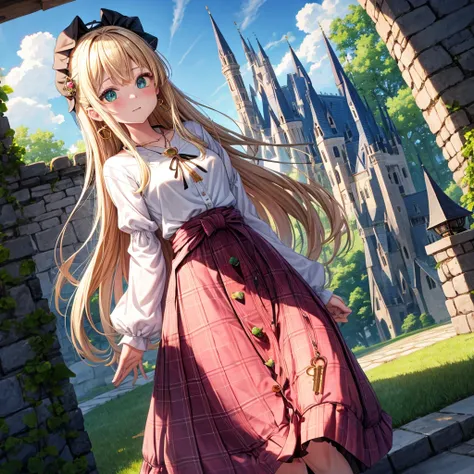 pink blonde、green eyes、one good looking girl、solo、anime、plaid mini skirt、the skirt has buttons、black camisole、black t-shirt、dress、wearing a ribbon、ribbon at waist、cloak、hood、clouds are swirling、stone slabs are piled up、one hand raised、crystal earrings、sun、...