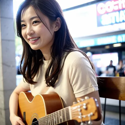 Japanese woman in her 30s,laughter,Gentle light、beautiful woman、Station square、street musician、elaborate guitar、singing、Close-up of upper body