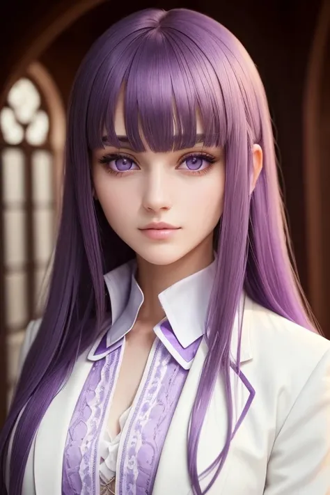 (best quality,masterpiece:1.2),intricate details,thin,beautiful girl,purple hair,blunt bangs,light purple eyes,sharp jawline,white coat,long hair,lips,upper body,close up,smirk