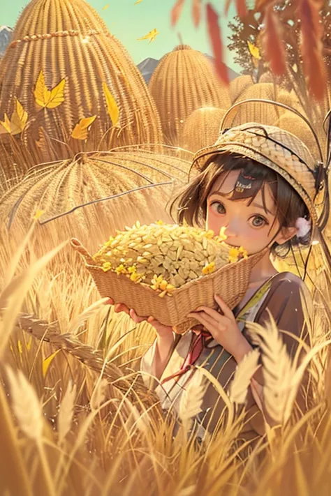 Japanese countryside scenery、A woman is in the rice field、A woman holds a bundle of rice with both hands、smile、Himiko、anatomically correct、Golden fields spread out all over、The ground of the rice field is dry。Fully ripened golden ears of rice、Mountains wit...