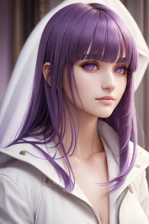 (best quality,masterpiece:1.2), intricate details, thin, beautiful girl, purple hair, blunt bangs, light purple eyes, sharp jawline, white coat, long hair, lips, upper body, close up, smirk