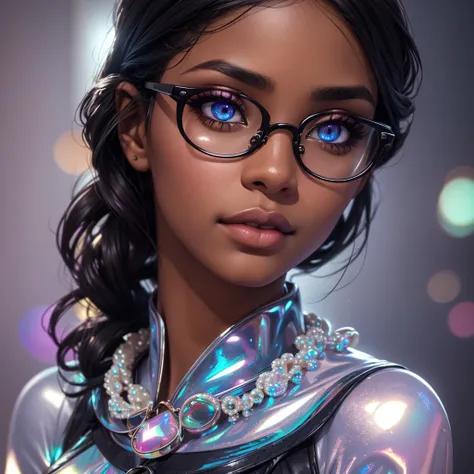 (best quality,realistic:1.37),negra,Eyeglasses,beautiful detailed eyes,beautiful detailed lips,opalescent,pearlescent,Holographic,dark background