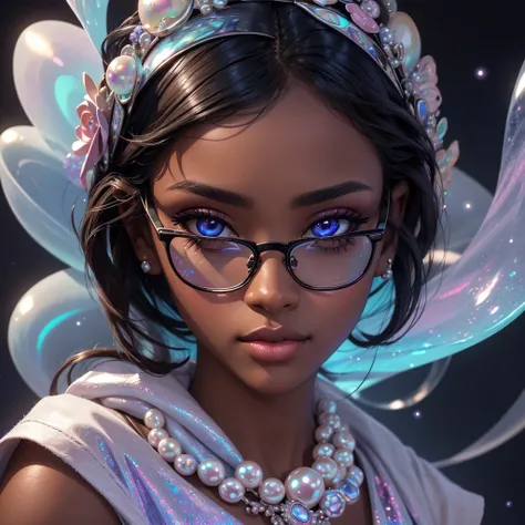 (best quality,realistic:1.37),negra,Eyeglasses,beautiful detailed eyes,beautiful detailed lips,opalescent,pearlescent,Holographic,dark background