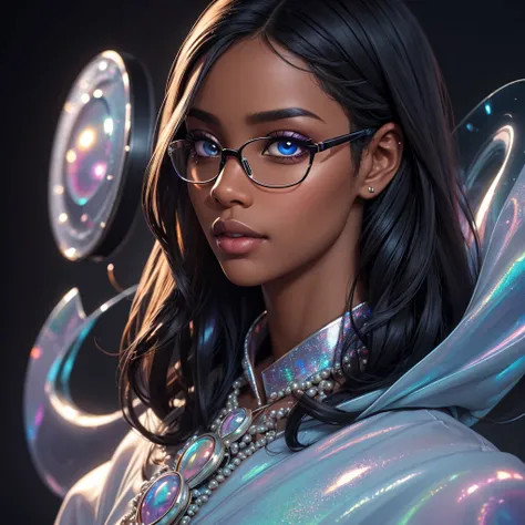 (best quality,realistic:1.37),negra,Eyeglasses,beautiful detailed eyes,beautiful detailed lips,opalescent,pearlescent,Holographic,dark background