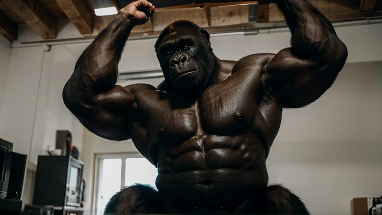 Generates an image of a powerful gorilla, avec des muscles saillants et une expression calme.