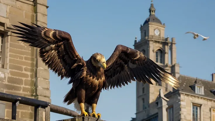 Create an image of a golden eagle, avec des ailes déployées et un regard perçant.