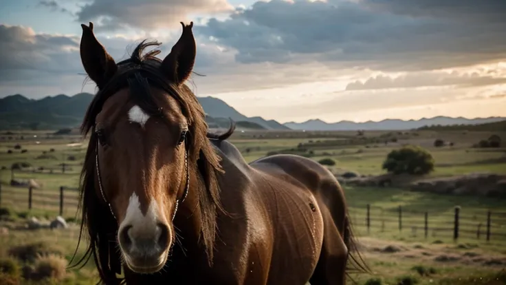 Generates an image of a wild horse, with a windy mane and a fierce expression.