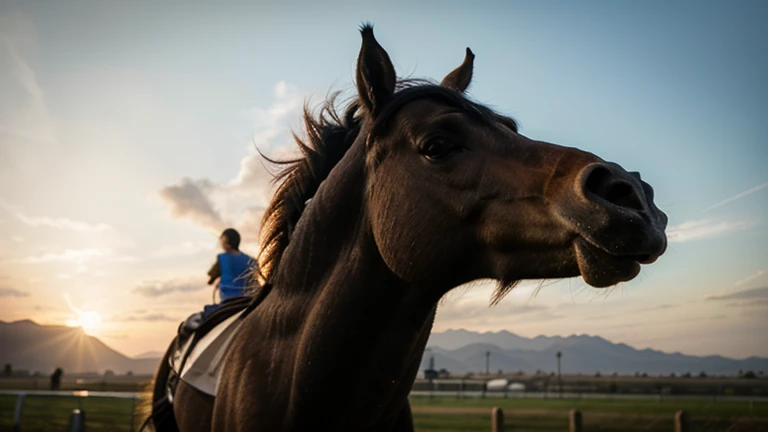 Generates an image of a wild horse, with a windy mane and a fierce expression.