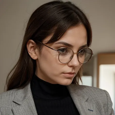 Creates an image of a serious woman, avec des lunettes sur le nez et un tailleur strict.