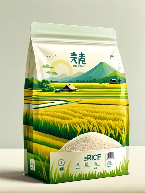 Modern packaging design, 1 rice field product packaging bag，Flat style rice field landscape illustration，full of nutrition，simple white background，HD resolution，simple style，actual，Natural light, Glossy plastic packaging bag