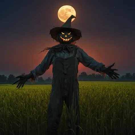 high resolution, high quality, masterpiece. scarecrow looming over rice field, eyes glistening under the twilit moon, halo effec...