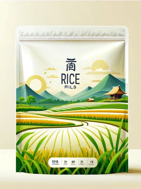 Modern packaging design, 1 rice field product packaging bag，Flat style rice field landscape illustration，full of nutrition，simple white background，HD resolution，simple style，actual，Natural light, Glossy plastic packaging bag