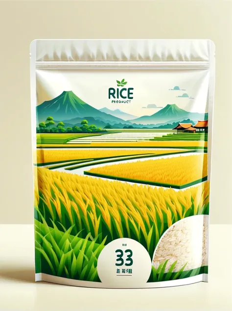 Modern packaging design, 1 rice field product packaging bag，Flat style rice field landscape illustration，full of nutrition，simple white background，HD resolution，simple style，actual，Natural light, Glossy plastic packaging bag