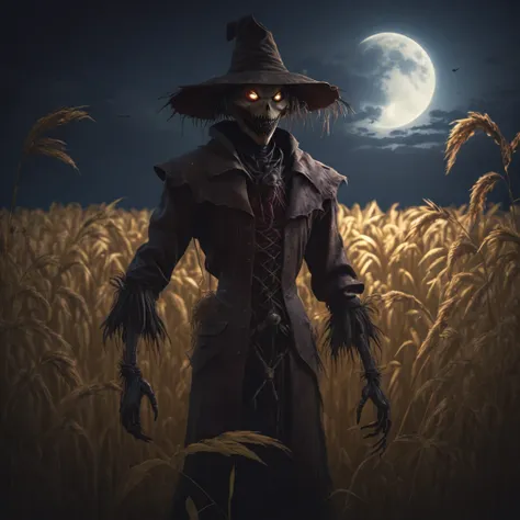 high resolution, high quality, masterpiece. scarecrow looming over rice field, eyes glistening under the twilit moon,there is a ...